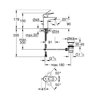 Csaptelep, Grohe, BauLoop 23335000, egykaros mosd�, leereszt� garnit�r�val
