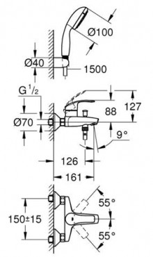 Grohe, Eurosmart egykaros kdcsaptelep fali zuhanyszettel, 3330220A