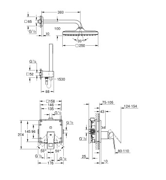 Zuhanyrendszer, Grohe, Eurocube 25239000, Tempesta 250 Cube fejzuhannyal, 2 fogyaszts, alaptesttel