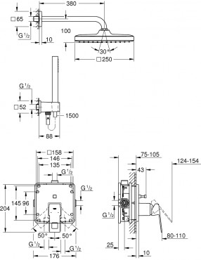 Grohe, Eurocube 25239000, Zuhanyrendszer, Tempesta 250 Cube fejzuhannyal, 1,50 m