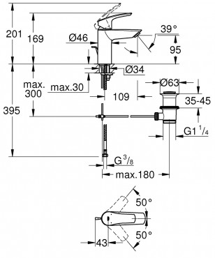 Grohe, Eurosmart mosd csaptelep, automata lefoly szeleppel, S-es mret, 33265003