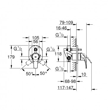 Csaptelep, Grohe, Baucurve 29043000, falsk alatti, egykaros, kd/zuhanycsaptelep