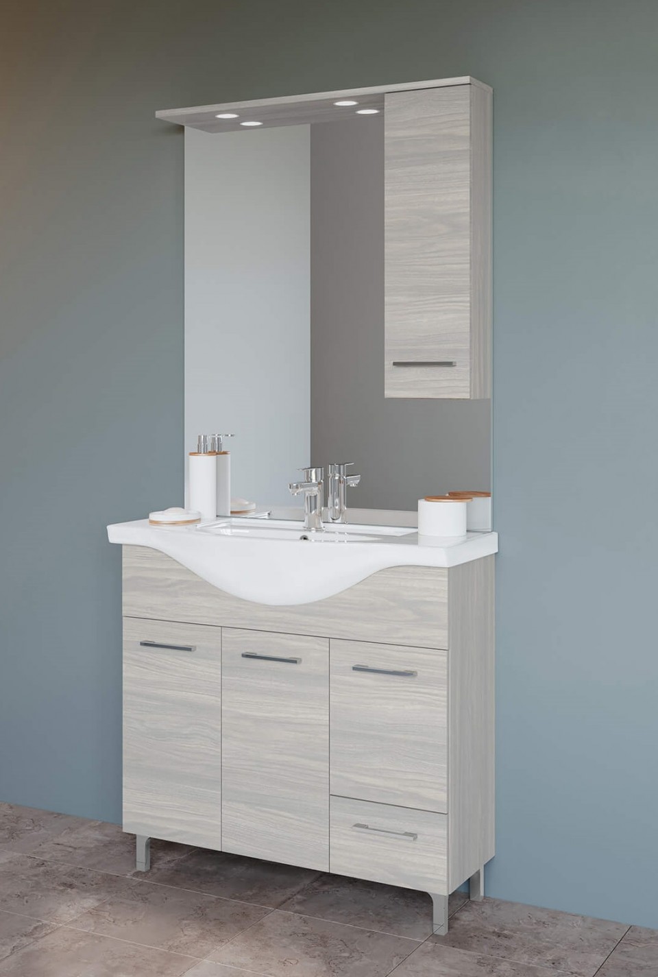 S-Due, Venere f�rd�szobab�tor 85 cm (3 ajt�s,1 fi�kos), oldalszekr�nyes t�k�r, vil�g�t�s, sz�rke t�lgy, VENERE85/RG