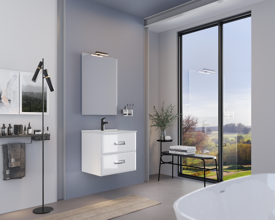 S-Due, Fly kett� fi�kos f�ggesztett f�rd�szoba b�tor mosd�val 61 cm magasf�ny� feh�r, 61x53x47 cm, 250N