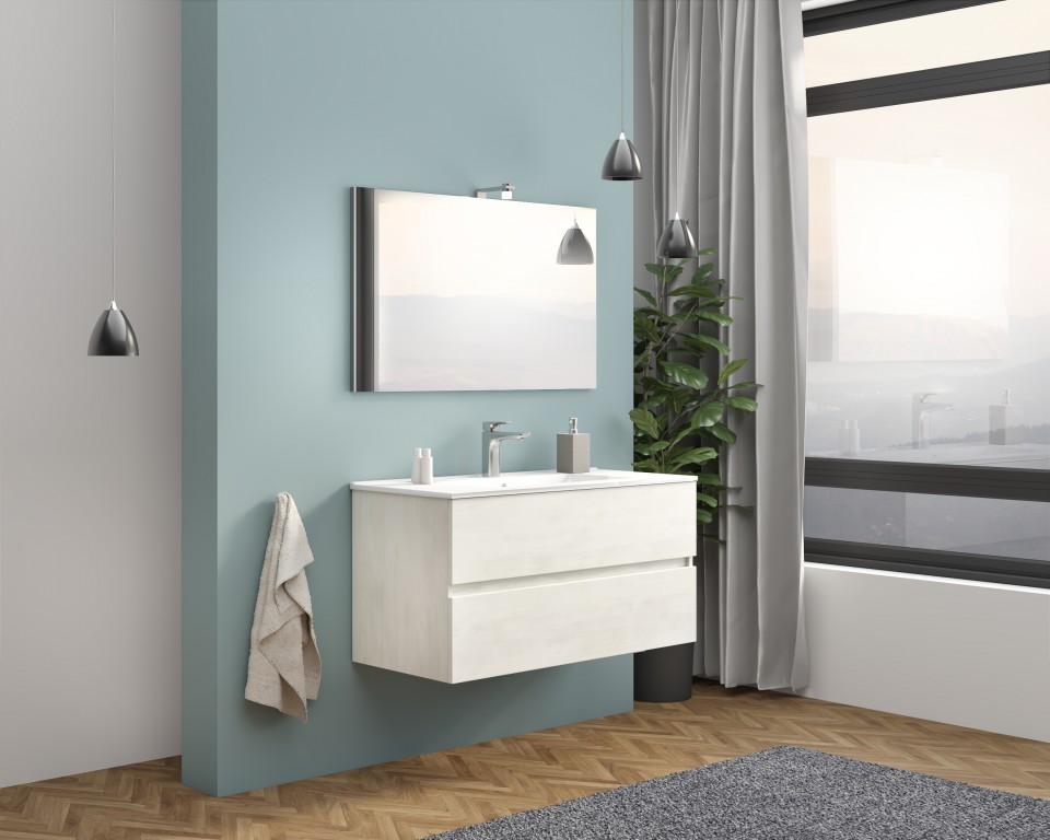 S-Due, Easy f�rd�szoba b�tor 100 cm, t�k�r 80x60 cm,LED vil�g�t�s, feh�r t�lgy, 101x117x46 EASY100/RB