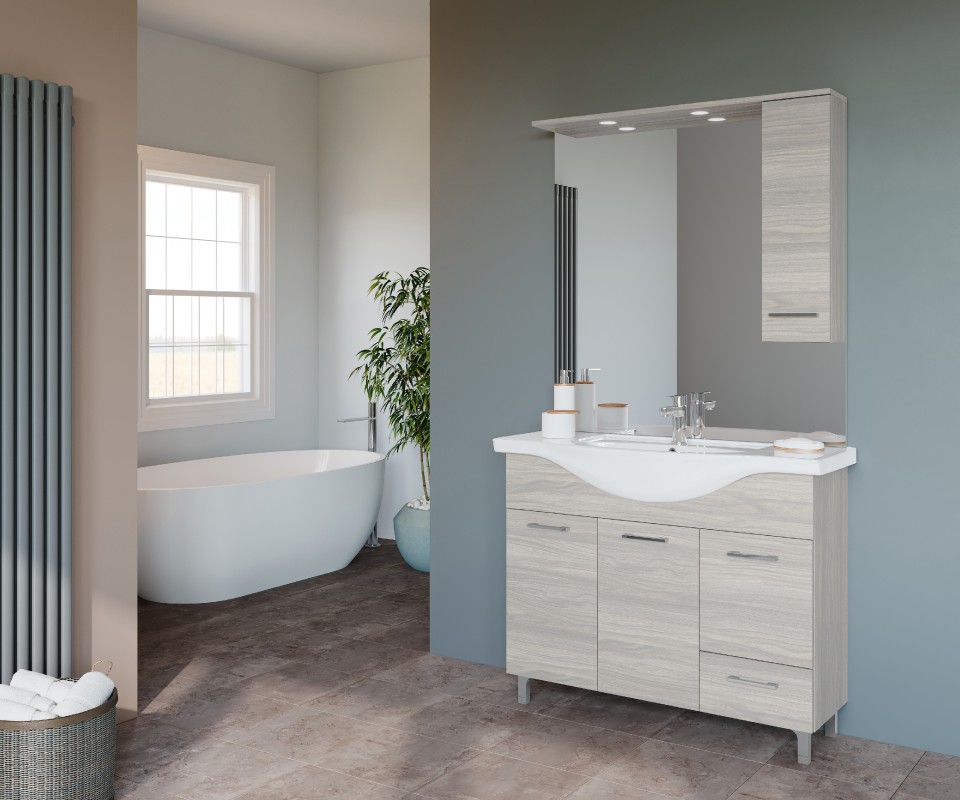 S-Due, Venere f�rd�szobab�tor 105 cm mosd�val oldalszekr�nyes t�k�rrel, sz�rke t�lgy, VENERE105/RG 107x190x50,5 cm