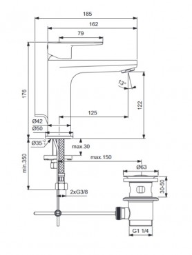 Ideal Standard, Cerafine O mosd csaptelep leeresztvel H120, krm, BC699AA