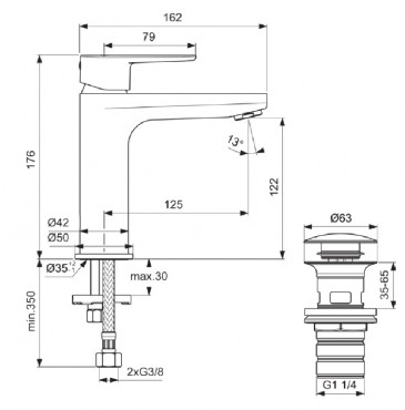 Ideal Standard, Cerafine H120 mosdcsaptelep click-clack leeresztvel, rose, BD131RO