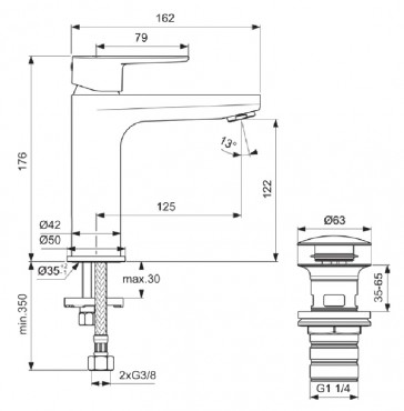 Ideal Standard, Cerafine H120 mosdcsaptelep click-clack leeresztvel, ezst, BD131SI