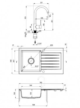 Deante, Zorba, gr�nit mosogat� csapteleppel, 1 medenc�s, fekete sz�n 76*44*16 cm ZQZVN113 I.o.