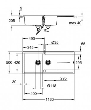 Grohe, K400 grnit mosogat, 2 medencs, grnit fekete, 116*50 cm 31643AP0