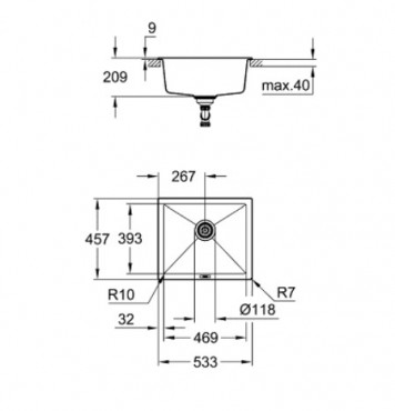 Grohe, K700 gr�nit mosogat�, alulr�l be�p�thet�, 1 medenc�s, gr�nit fekete, 53,3*45,7 cm 31654AP0