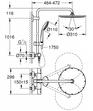 Grohe, Euphoria 310, 26075A00 Zuhanyrendszer termoszttos csapteleppel, hard graphite, 1,75 m