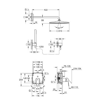 Zuhanyrendszer, Grohe, Eurocube 25238000, Rainshower mono 310 fejzuhannyal, 3 fogyaszts