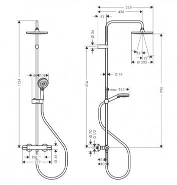 Hansgrohe, Vernis Blend Showerpipe 200, 1 jet 26276670, Termoszttos zuhanyrendszer, 1,60 m