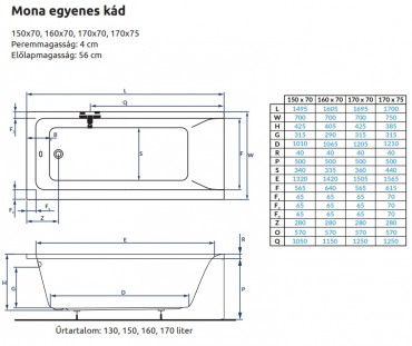 H2O Mona, egyenes k�d, 150x70 cm 12442