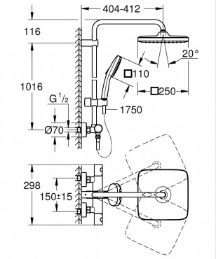 Grohe Tempesta termoszt�tos zuhanyrendszer, Cube 250 fejzuhannyal, kr�m 26689001