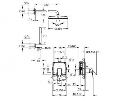 Grohe Eurocube 25289000, Zuhanyrendszer Tempesta 250 Cube fejzuhannyal, 1,50 m