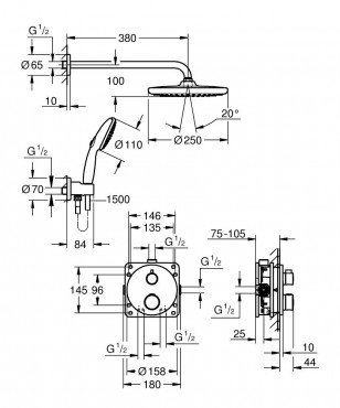 Zuhanyrendszer, Grohe, Grohtherm 34872000, Tempesta 250 fejzuhannyal, termoszttos, 2 utas, alaptesttel