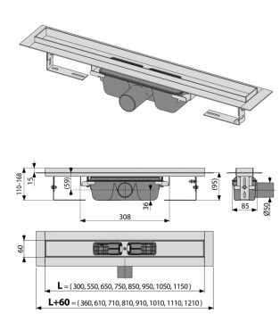 Alcaplast, APZ6 Professional Zuhanyfolyka, peremmel, tmr rcsokhoz, 1150 mm