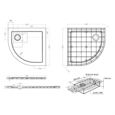 Wellis, SMC lapos, ves, zuhanytlca WC00411, szifonnal 80*80*4 cm