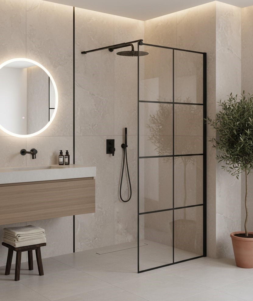 Zuhanyfal, HTB, Moody 916B-90, Walk-in, vastag�tott 8 mm �veg, fekete kerettel, 90 cm